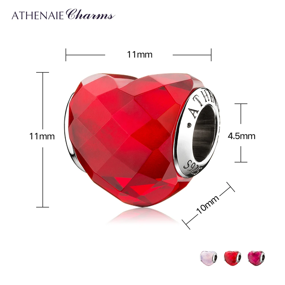 ATHENAIE,, 925 пробы, серебро, сердце, форма любви, красные бусины для шармов, браслет, ювелирное изделие, подарок на день Святого Валентина