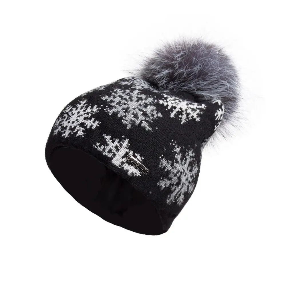 Black(gray pompom) Кашемировая шапочка большого размера с помпоном из натурального меха для женщин, зимняя теплая шапка-помпон с принтом снежинки Fur Story 17602 - Цвет: Black(gray pompom)