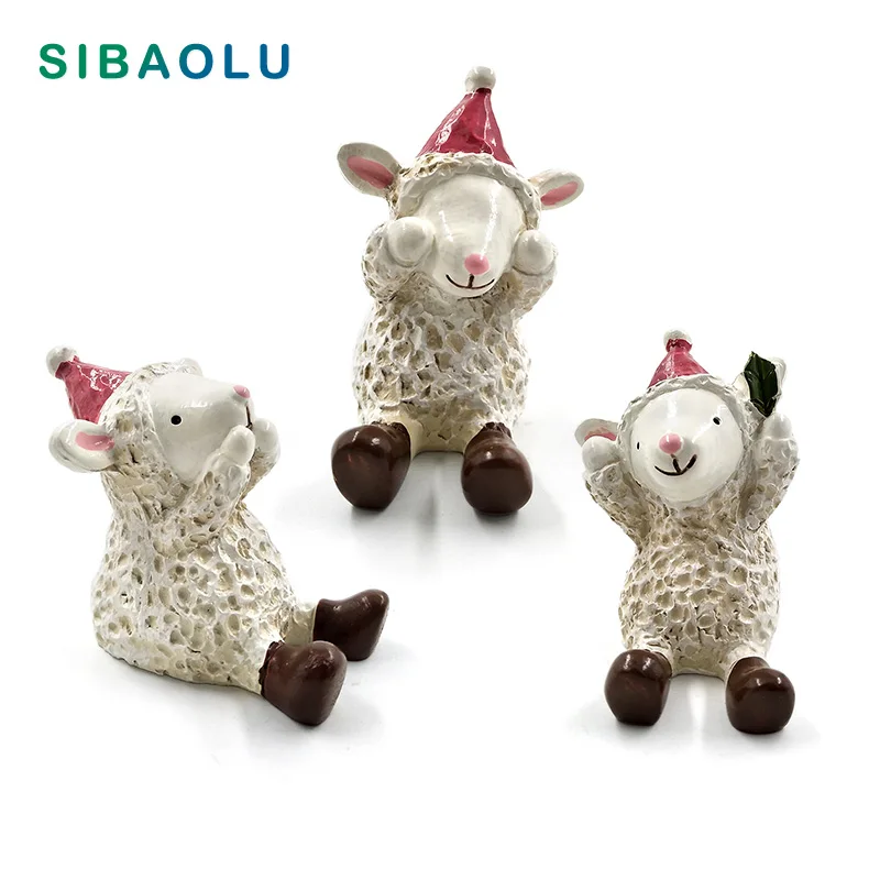 

3pcs Christams Animal No See Listen Sheep Miniature figurine Home Decoration Mini Fairy Garden statue Resin craft toy ornaments