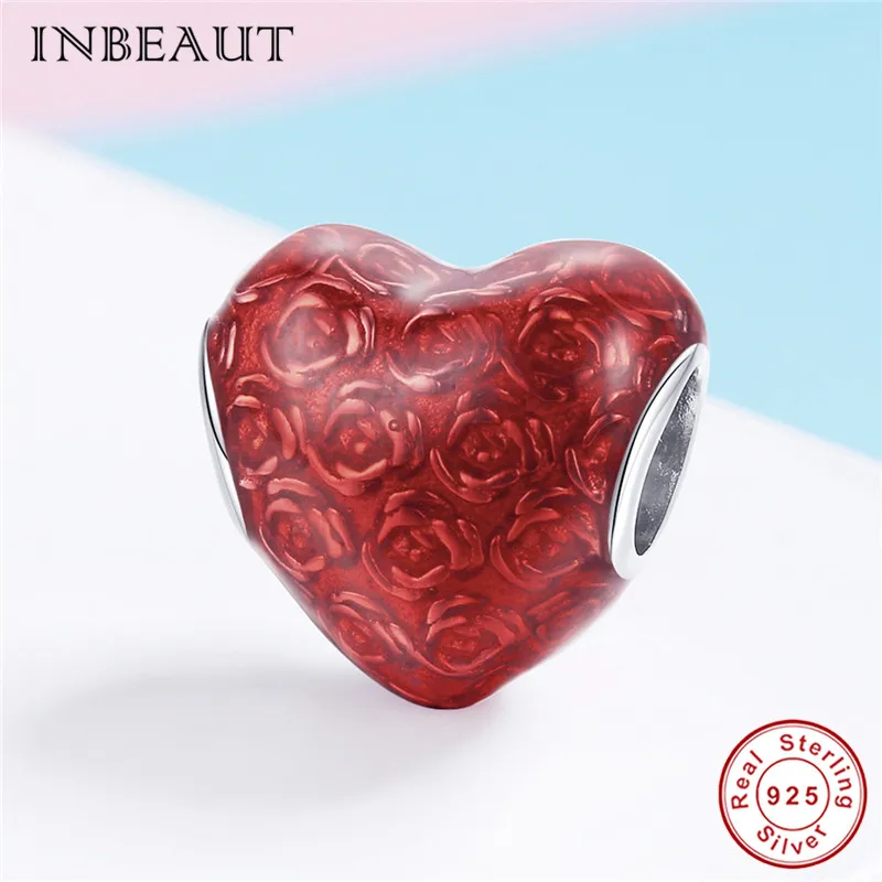 INBEAUT 100% 925 пробы Серебряная роза резное красное сердце очарование новая