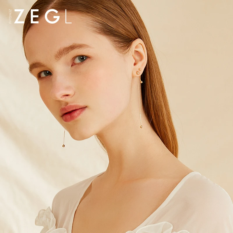 Женские серьги колечки ZEGL925 Длинные Двойные с двумя ушками ювелирные