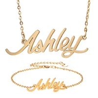 fashion stainless steel name necklace bracelet set ashley script letter gold choker chain necklace pendant nameplate gift