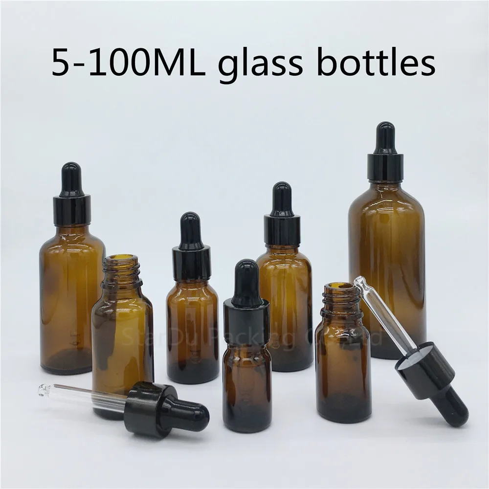 

500pcs 5ml, 10ml,15ml,20ml,30ML,50ml,100ml amber Glass Bottle With black Dropper Essential Oil Bottle ,Perfume bottle