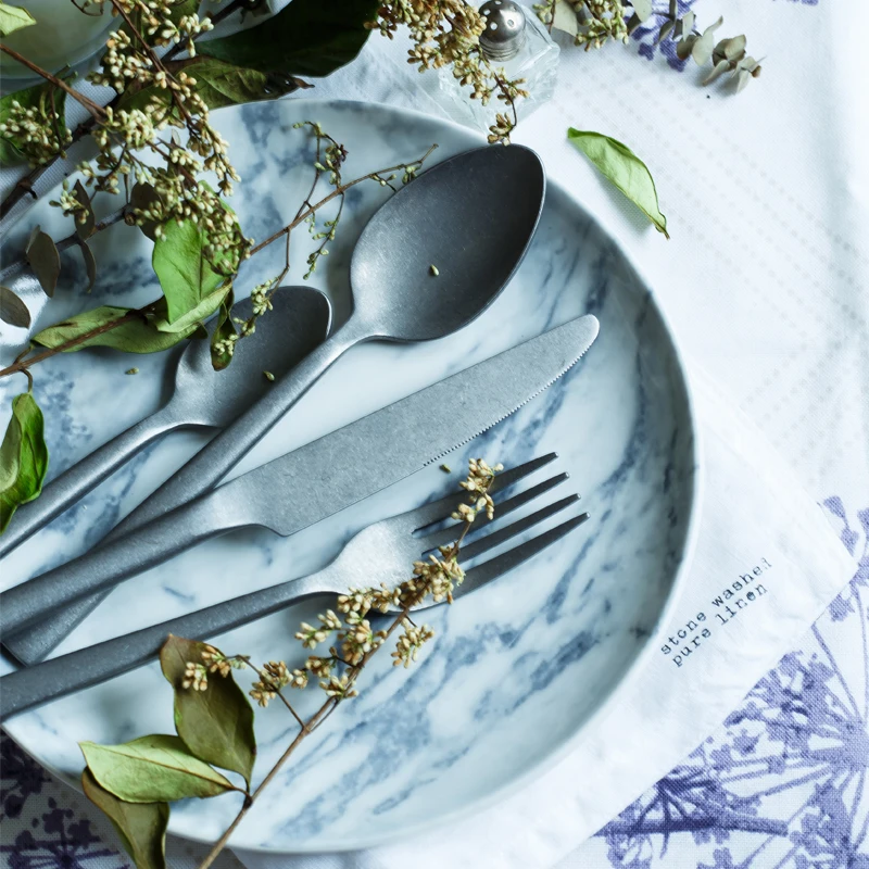 4 pcs of Handmade Brushed retro old stainless steel European knife and fork set Western | Дом и сад