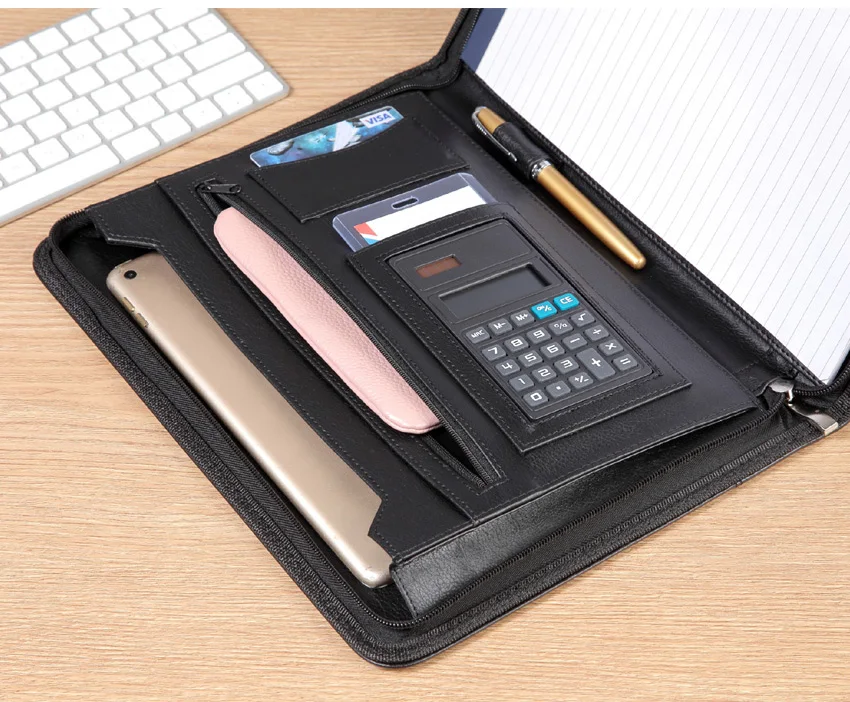 Высокое качество Профессиональный бизнес молнии A4 Padfolio из искусственной кожи современный портфель папка с карманами калькулятор