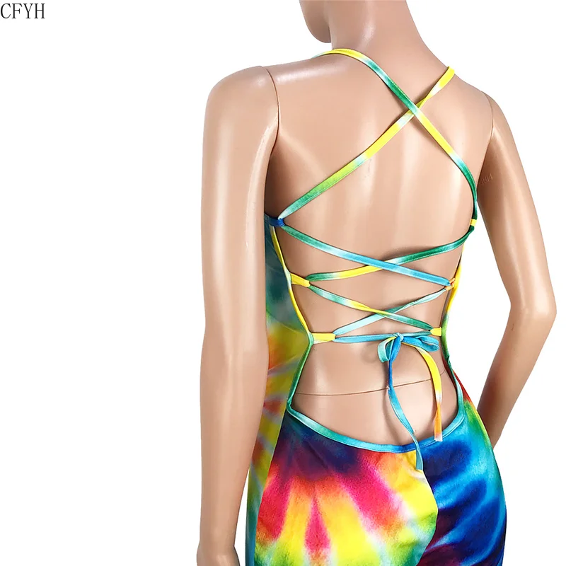 

Women Spaghetti Strap Lace Up Dot Tie Dyed Paisley Print Bodycon Knee Length Jumpsuit Beach Playsuit Romper Outfit