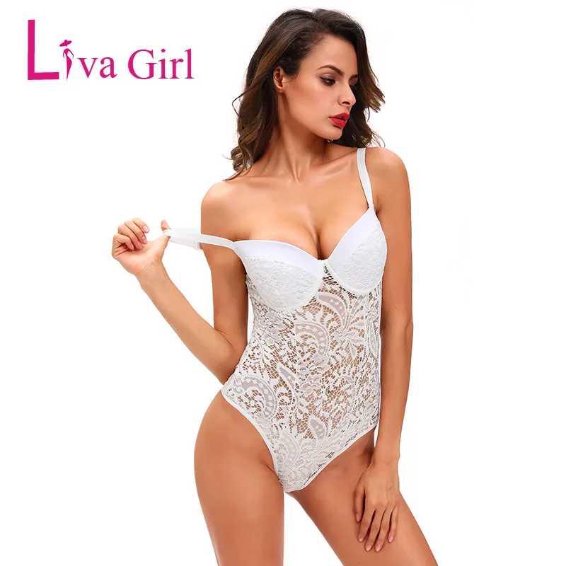 Комбинезон LIVA GIRL женский кружевной черный/белый Облегающий комбинезон с чашками