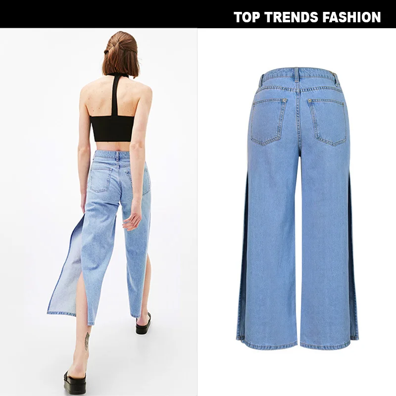 Europe America Fashion Women High waist double slit Jeans plus size Light Blue Wide Leg trousers Loose Pants | Женская одежда