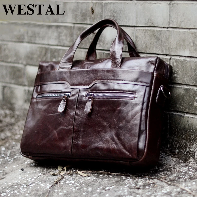 WESTAL Men's Bag Genuine Leather Crossbody Bags Male Messenger Bag Men Shoulder Bags 14'' Laptop Briefcases Man Totes handbags