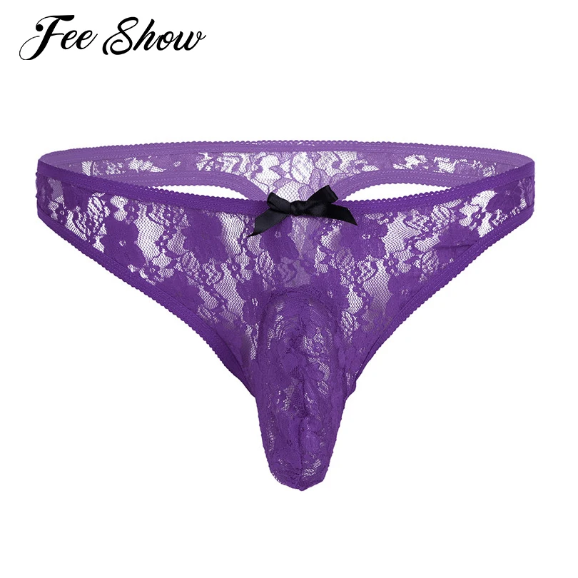 

Sexy Gay Mens Lingerie Briefs Semi See-through Floral Lace Bikini Briefs Underwear with Closed Penis Sheath and Stitched Bowknot