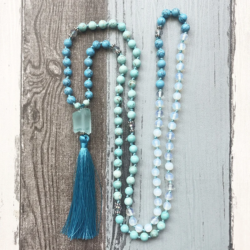 Уникальное ожерелье с кисточками Q-uartz s Moonstone &amp T-urquoise Mala Исцеляющие камни 108