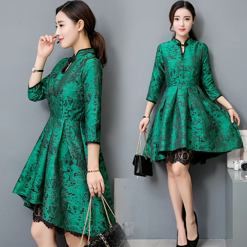 

2018 new spring models was thin green dress aristocratic temperament fifth sleeve dress women's dress and long sections