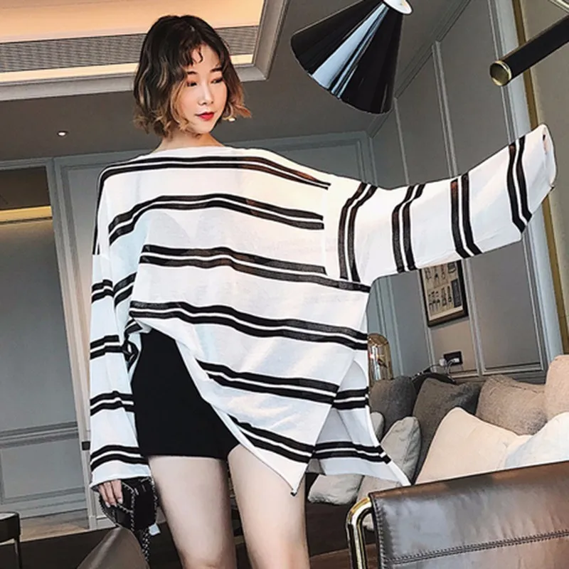 TWOTWINSTYLE Thin Knitting Sweater Female Batwing Sleeve Hollow Out Oversize Split Long Pullover Spring Fashion Casual Clothing | Женская