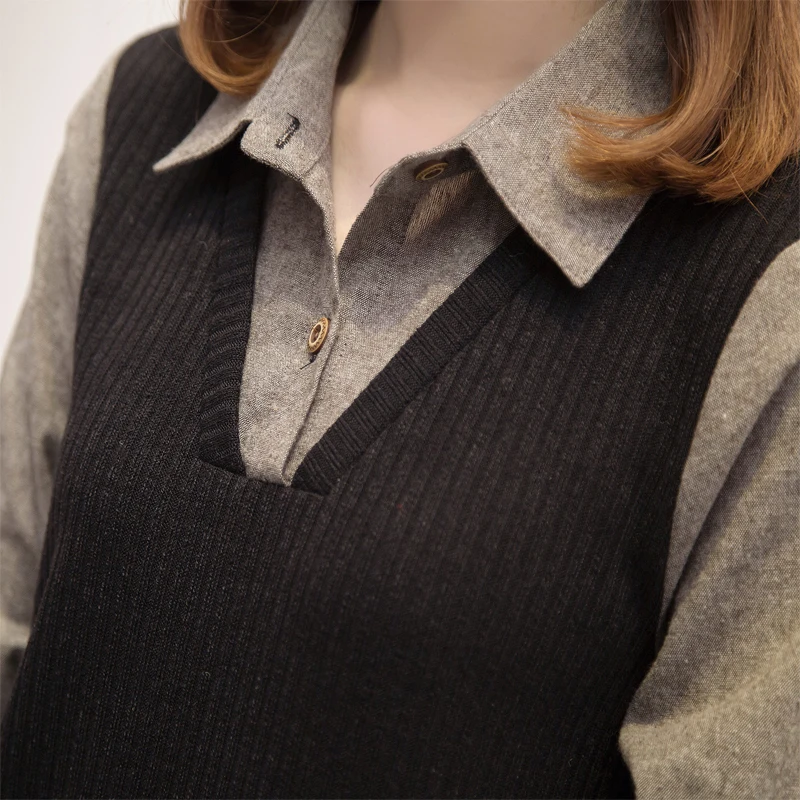 

2020 Autumn Kimono Blouse Women Shirts Fashion Knitted Patchwork Faux Two Piece Womens Tops and Blouses Plus Size Blusas Mujer