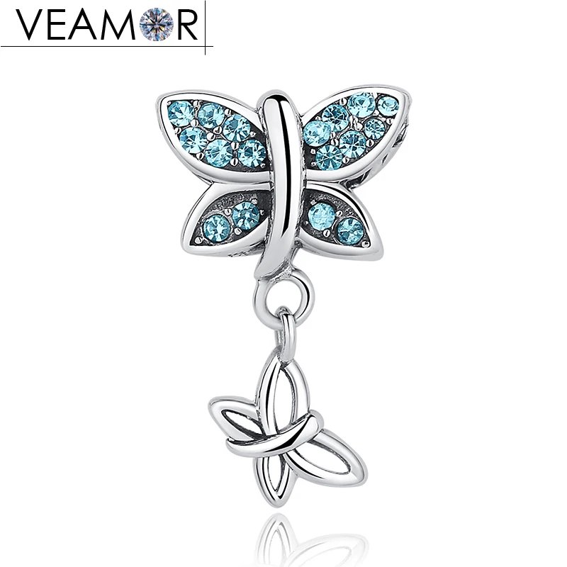 Veamor 100% стерлингового серебра 925 синий cz двойной бабочки кулон Талисманы Fit Pandora