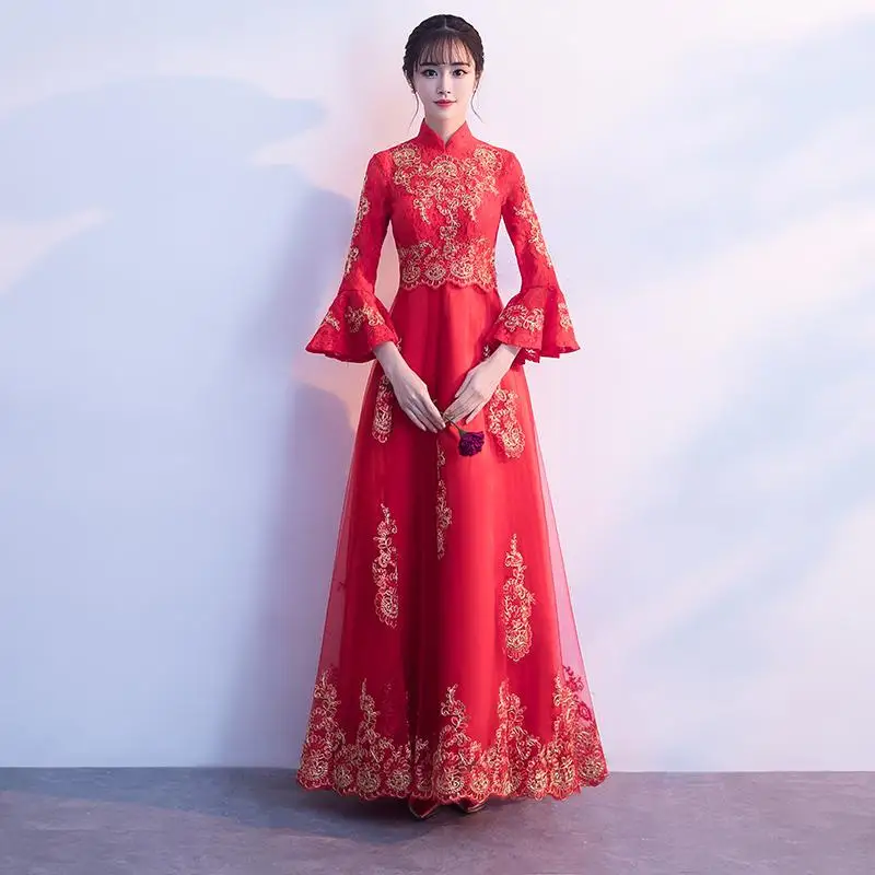 Новое поступление женское красное кружево Qipao классическое свадебное платье подружки невесты винтажные улучшенные атласные длинные платья тост одежда - Цвет: Red 9