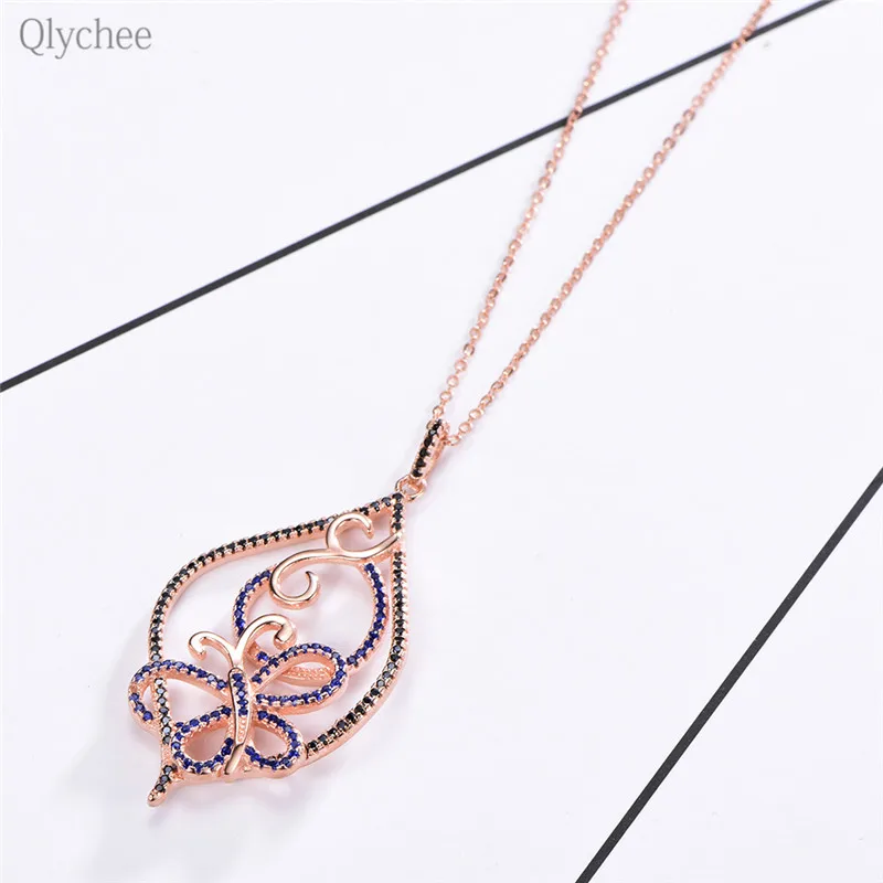 Qlychee Мода 925 серебристый черный Buttefly ожерелья для мужчин Женский звено цепи
