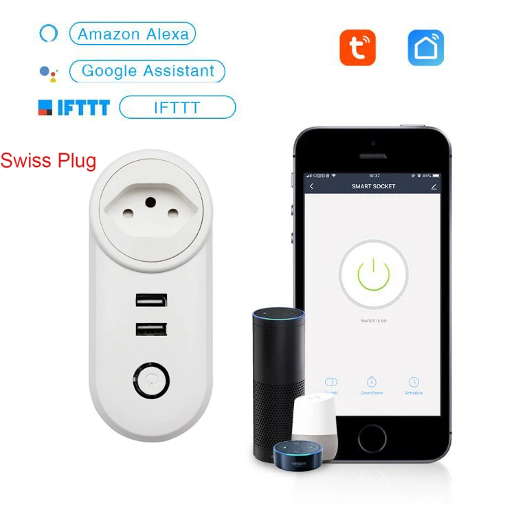 Swiss WIFI Smart CH Plug с двумя портами USB синхронизация Беспроводная розетка голосовое