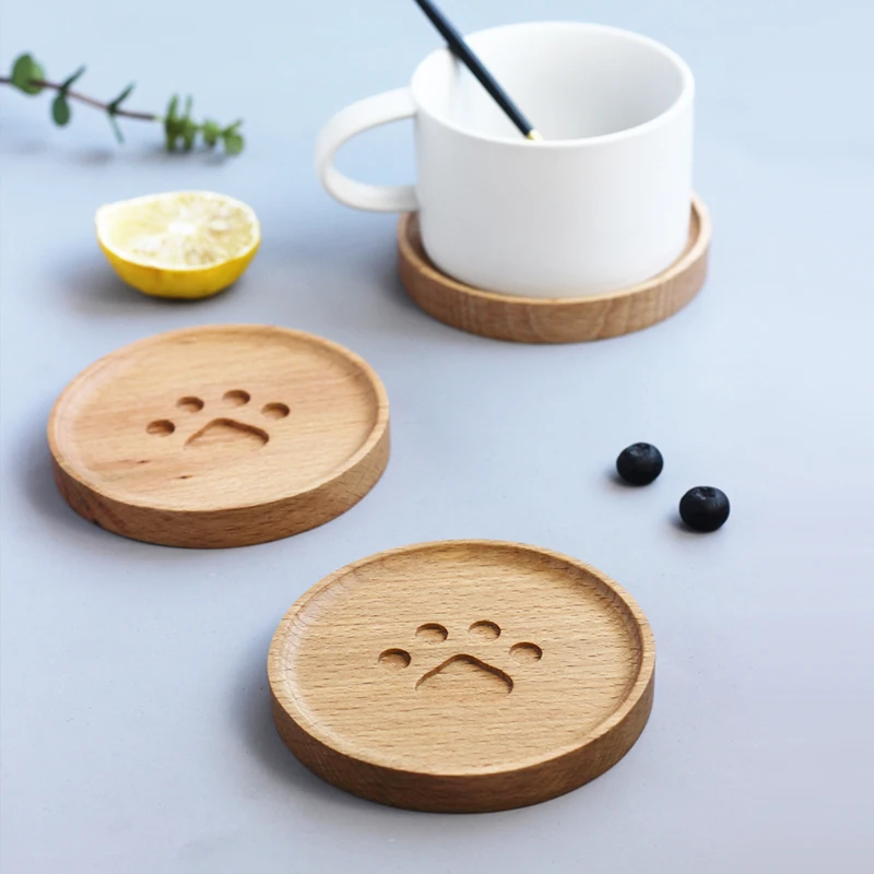 Cute Cartoon Cat Paw Wooden Coaster Pad Milk Tae Coffee Cup Mat Round Soft Wooden Heat-insulated Placemats Home Decoration 1pcs