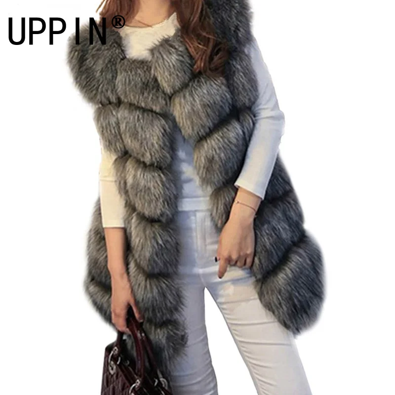 

Высококачественный меховой жилет, пальто, роскошное теплое Женское пальто из искусственной лисы, жилеты, зимние модные меховые женские пал...