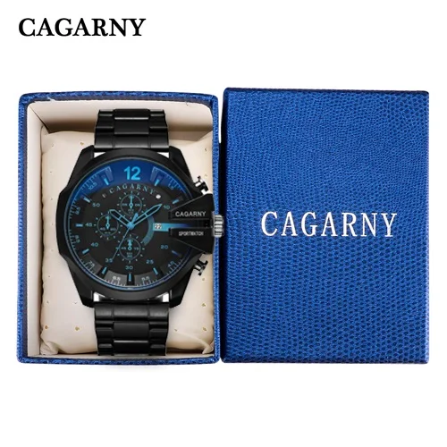 black blue with box Cagarny для мужчин s часы Топ Элитный бренд для мужчин серебро сталь мужской Кварцевые часы для мужчин водонепроница Relogio Masculino Военная Униформа Montre Homme - Цвет: black blue with box