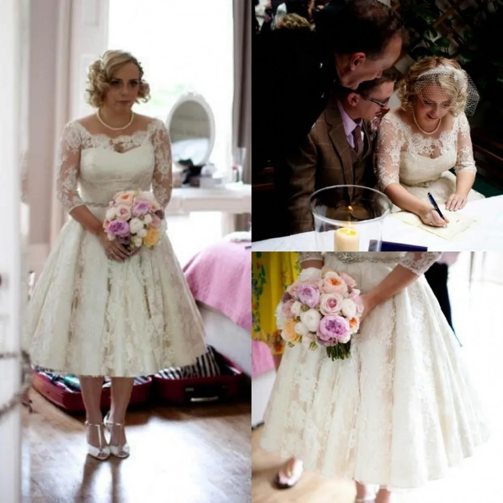 

Short Lace Wedding Dresses 2021 Scoop Illusion Half Sleeve Bridal Gowns Beaded Tea Length a Line Wedding gowns Custom Made