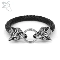 zs black weave pu leather bracelet stainless steel wolf head punk jewelry accessories male biker bracelet jewellry gifts for men