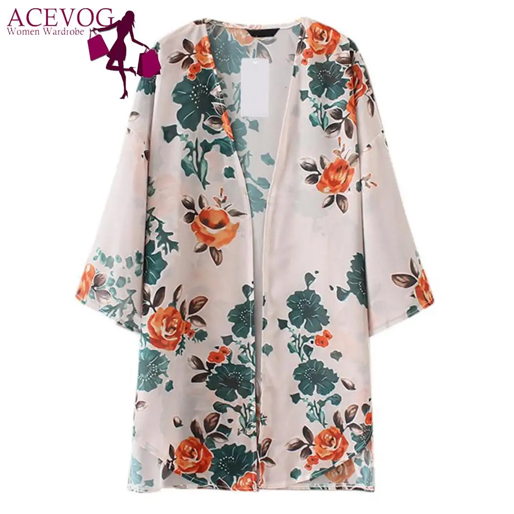 С принтом повседневные Цветочные Женщины Сплит шифон кимоно кардиган Пляж