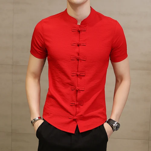 Red Китайская мужская одежда Мужская рубашка модный тренд хлопок лен Camisa Masculina Повседневная приталенная рубашка с коротким рукавом 6XL - Цвет: Red