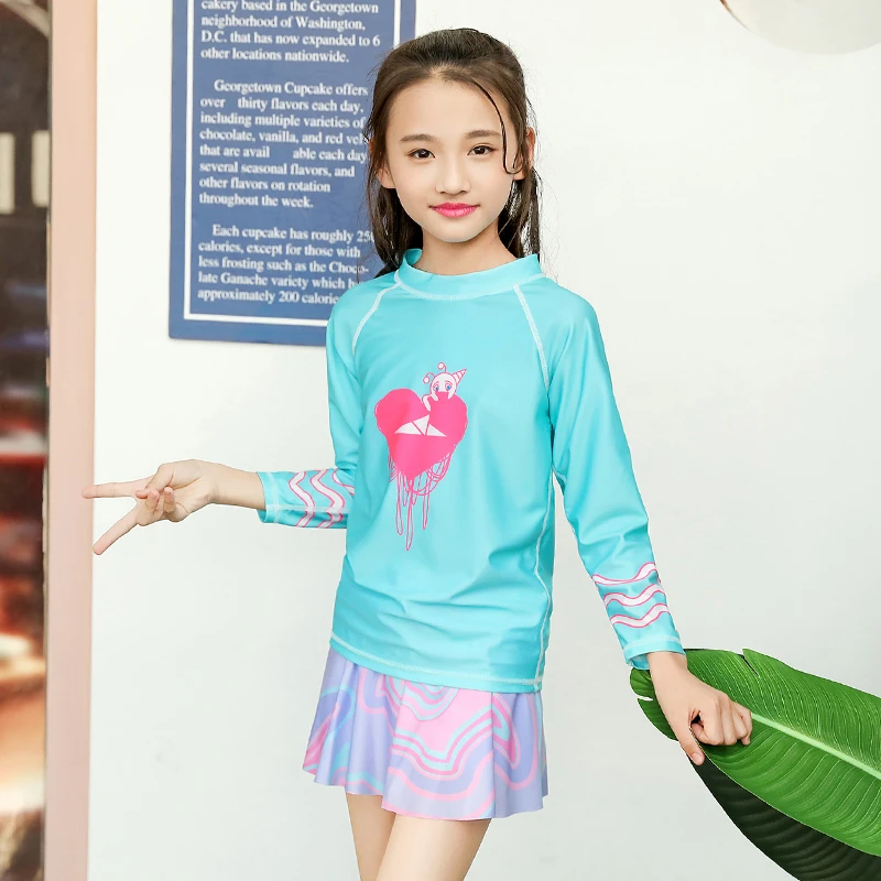 

Girls Swimsuit UPF 50+ UV Two Piece Long Sleeve Swimwear Rash Guard Sets Kids 3-12 Years Blue Skirted Bathing Sun Suit Beachwear