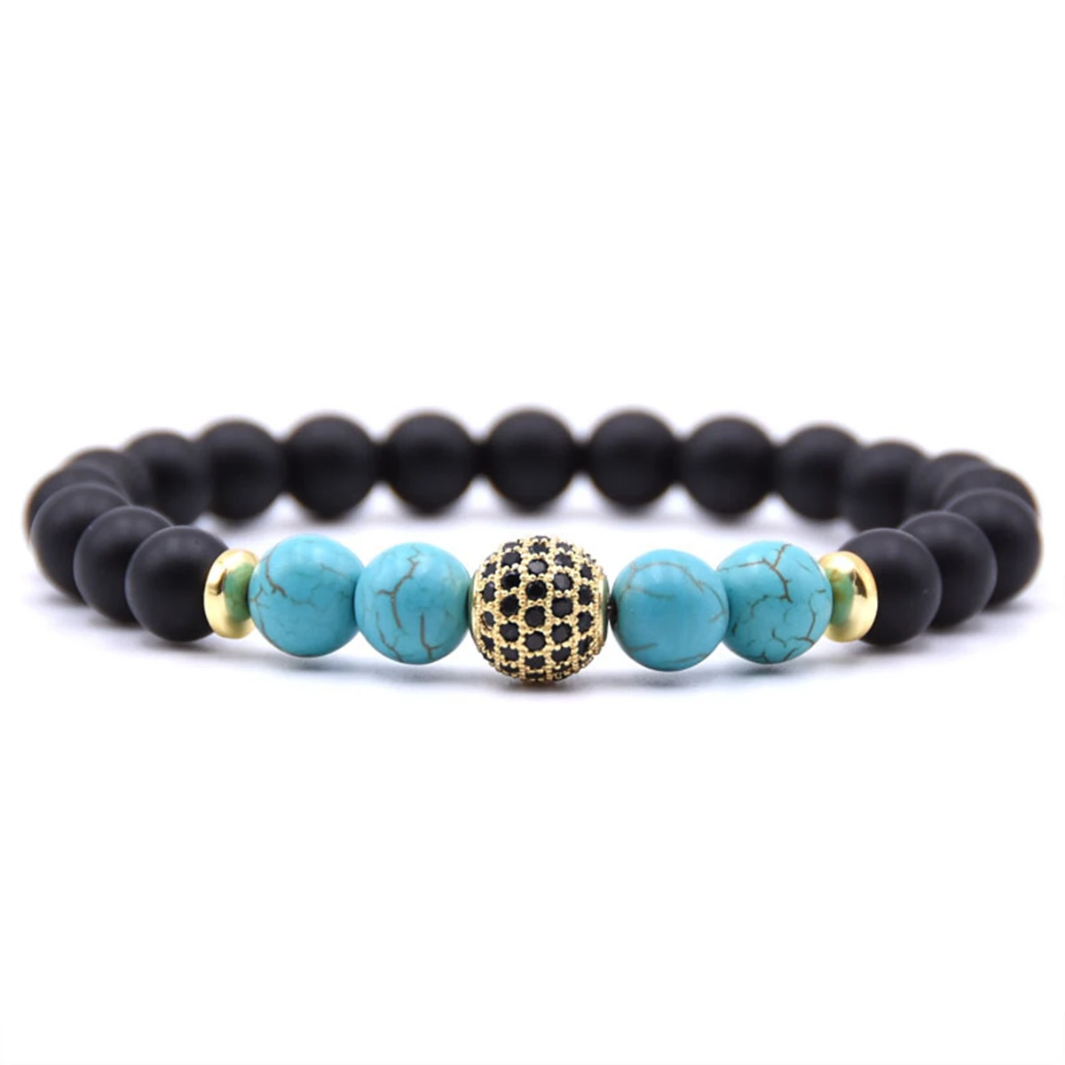 Fashion Male Women Beads Bangles Gold Cz Rhinestone Crystal Ball Elastic Natural Black Onyx Stone Bead Bracelets Jewelry Pulsera