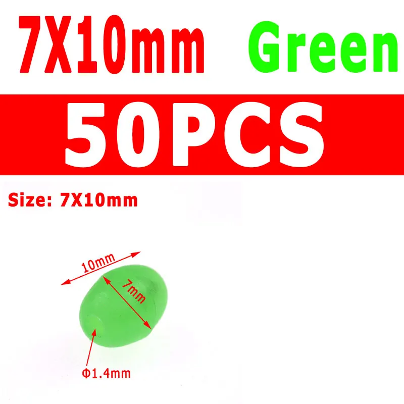 50pcs green 7X10mm 1 упаковка разных размеров круглые/овальные мягкие светящиеся бусинки морские рыболовные приманки Плавающий поплавок снасти Пластиковые светящиеся бусины для изготовления Сабики - Цвет: 50pcs green 7X10mm