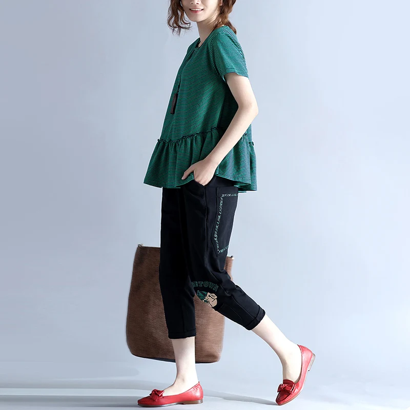 Doornot Women Plus size Tops Summer Casual A-line Loose Short sleeve Striped Ruffles Cotton Green Large T-shirts Tees | Женская одежда