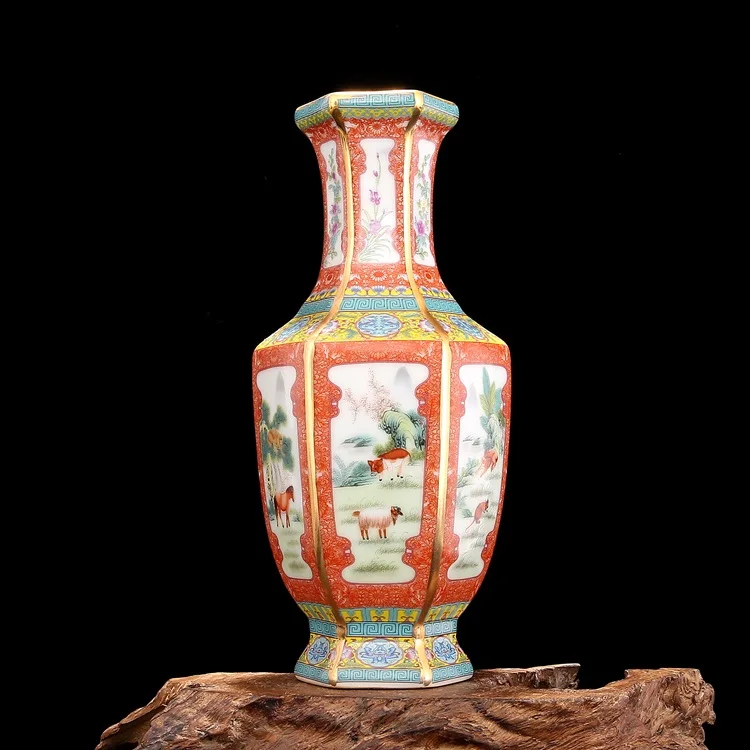 Qing Yong Zheng Эмаль Золотой Китайский Зодиак шестиугольная ваза античный фарфор