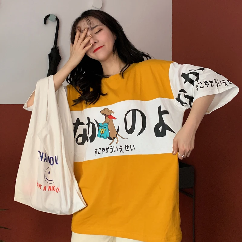 Ulzzang, летние милые японские топы с рисунками из мультфильмов, новинка, Harajuku, женская, три четверти, Корея, большой размер, свободная, повседневная, забавная, хлопковая футболка
