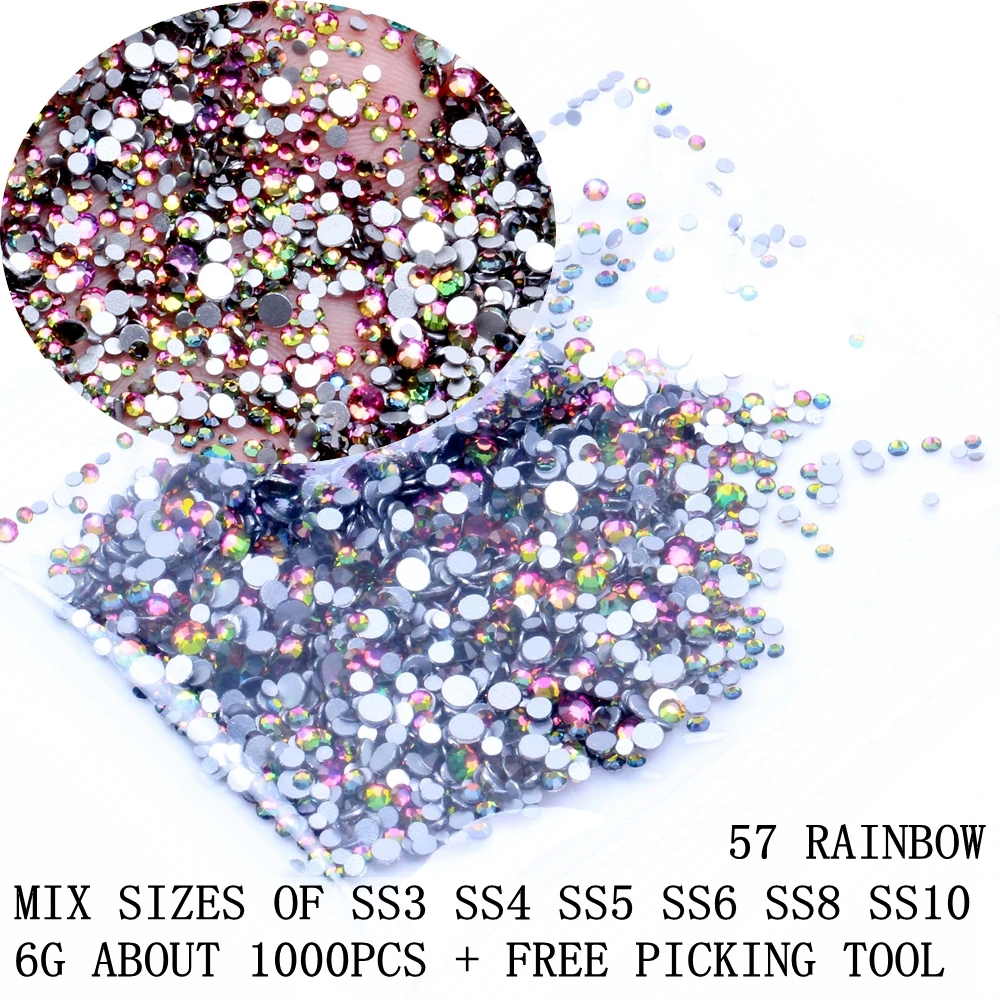 Rainbow Color Set Стразы для ногтей, 6 г, 1000 шт., SS3-SS10, Кристальные, AB, с плоской задней поверхностью, Стразы для ногтей, 3D, для украшения ногтей, сделай сам, набор инструментов - Цвет: Rainbow Color Set
