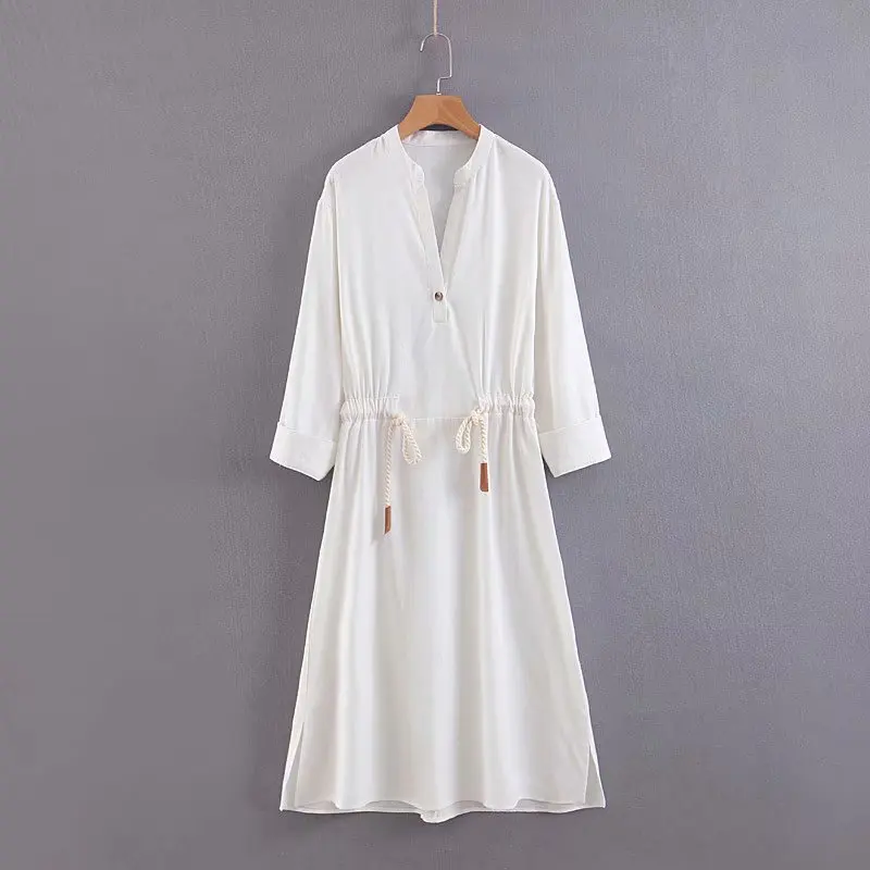 2019 Европейский стиль женское модное однотонное льняное платье с v образным