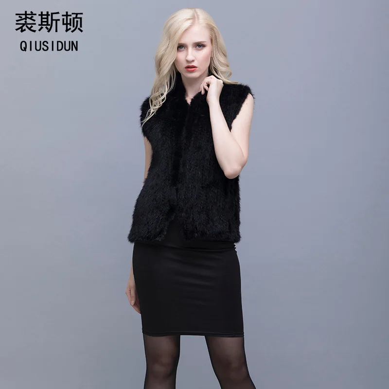 QIUSIDUN 2017 Genuine  Mink knitted Fur Vest Womens Fur Vests  Big Size Women's Winter Vests mink fur coats women fashion black