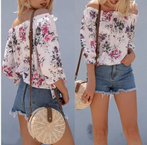 2019 Summer Women Lady Blouse Off Shoulder Ruffle Tops Long Sleeve Floral Print Shirt Loose Casual Fashion Clothing | Женская одежда