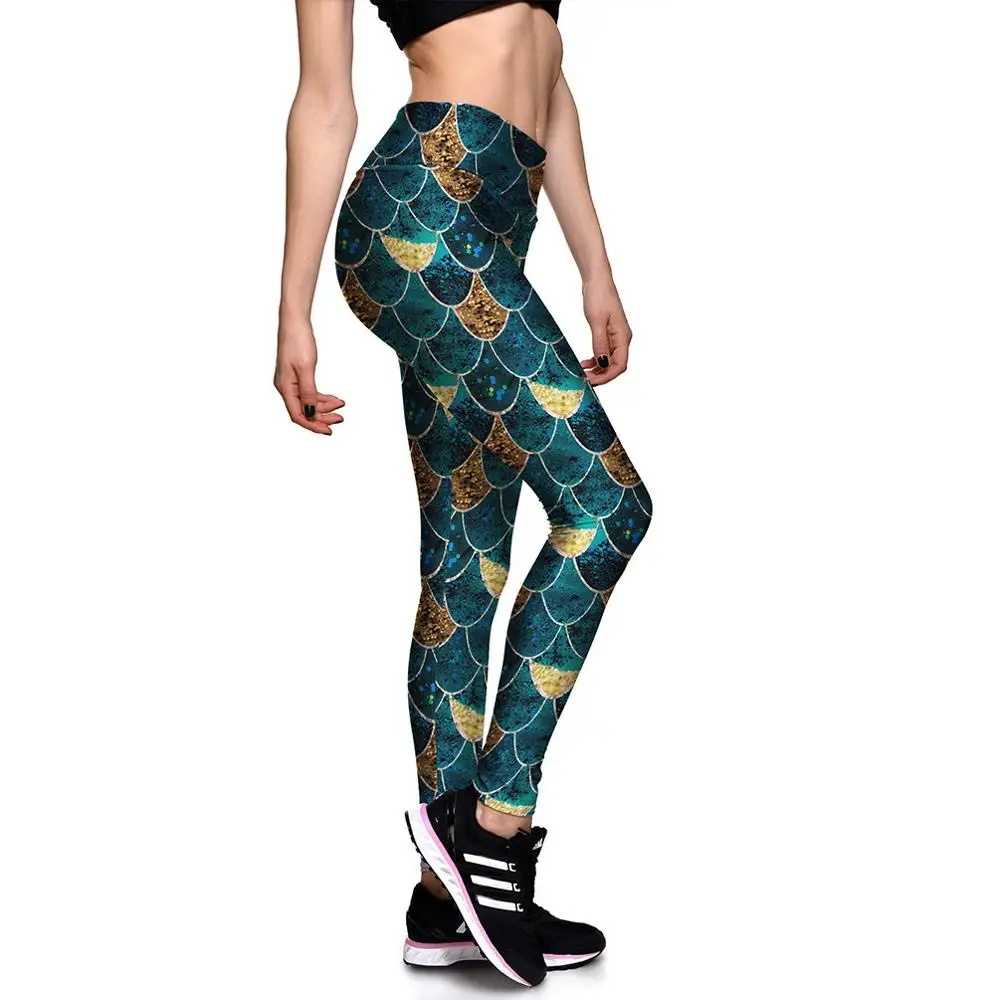 Черные зеленые яшма желтые леггинсы с высокой талией Русалочка весы принт Йога