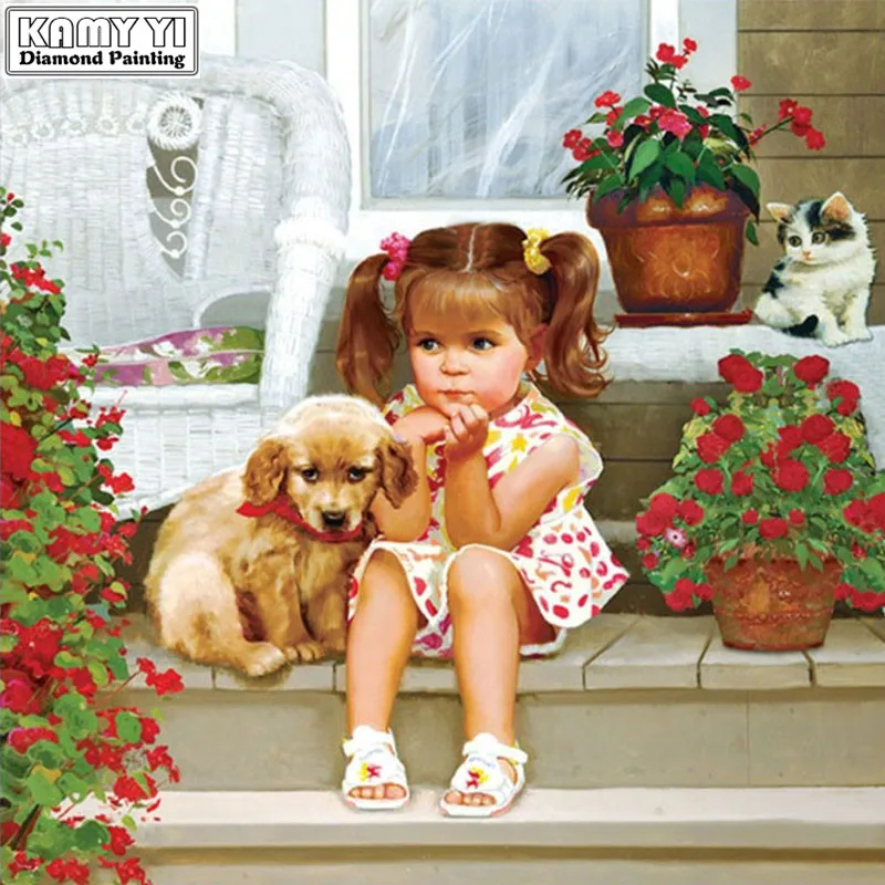 

3D Diy Diamond Painting Square Diamond Embroidery Cute Dog And Girl Needlework Rhinestone Cross Stitch Kit Diamond LK1