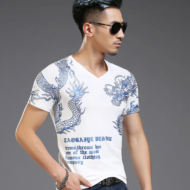 

Chinese Style Gold Dragon Pattern Short-sleeve Men's Workout T-shirt Lycra Cotton Harajuku Streetwear Slim Casual Tees Tops