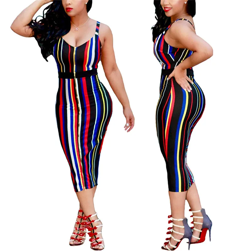 Летние глубокий v образным вырезом Спагетти ремень женское платье Bodycon полосатый