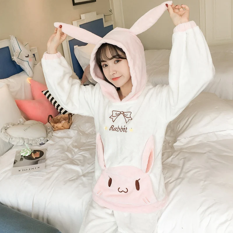 JINUO Women's Winter Flannel Long-Sleeved Home Service Cartoon Lovely Rabbit Flamingo Warm Pajama Set | Женская одежда