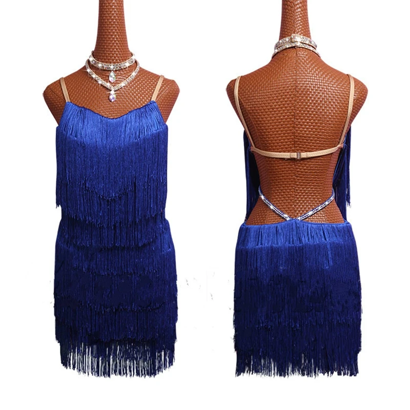 

Женское платье для латинских танцев с синими кисточками и открытой спиной, юбка для сцены, Женская юбка для бальных танцев