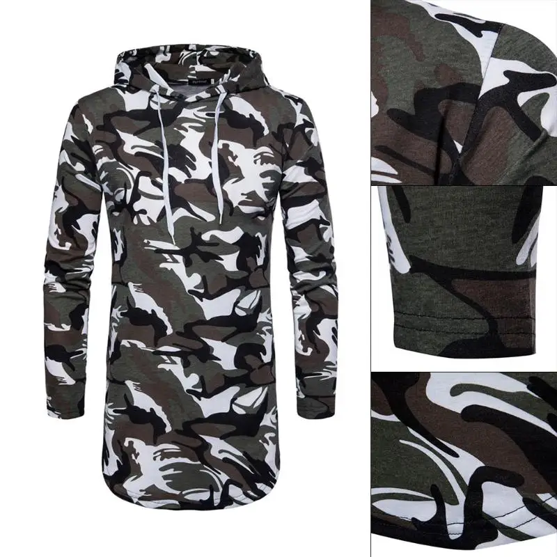 Модные Для мужчин Удлиненные худи High Street Camo с капюшоном Мышцы топы длинным