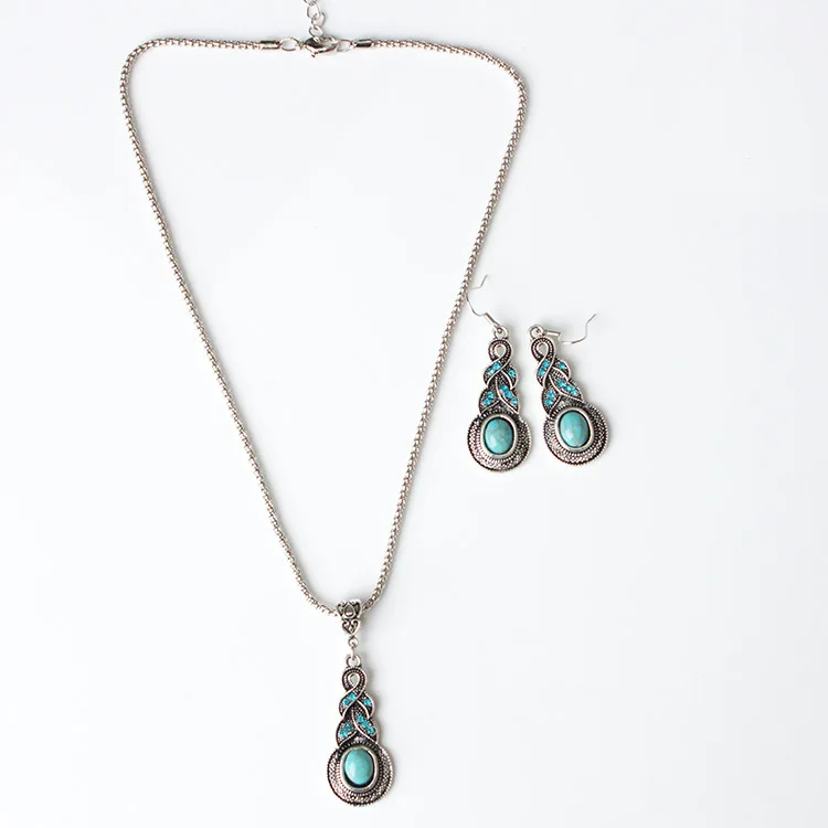 Eleple Vintage Drops Set Retro Pattern Green Stone Jewelry Turquoisa Necklace Earrings for Women Supplier C9A38 | Украшения и