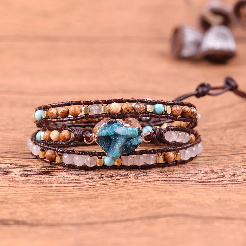 

Drop shipping Natural Stones Beads Charm 3 Strands Wrap Bracelets Handmade Boho Bracelet Women Leather Bracelet Wholesale
