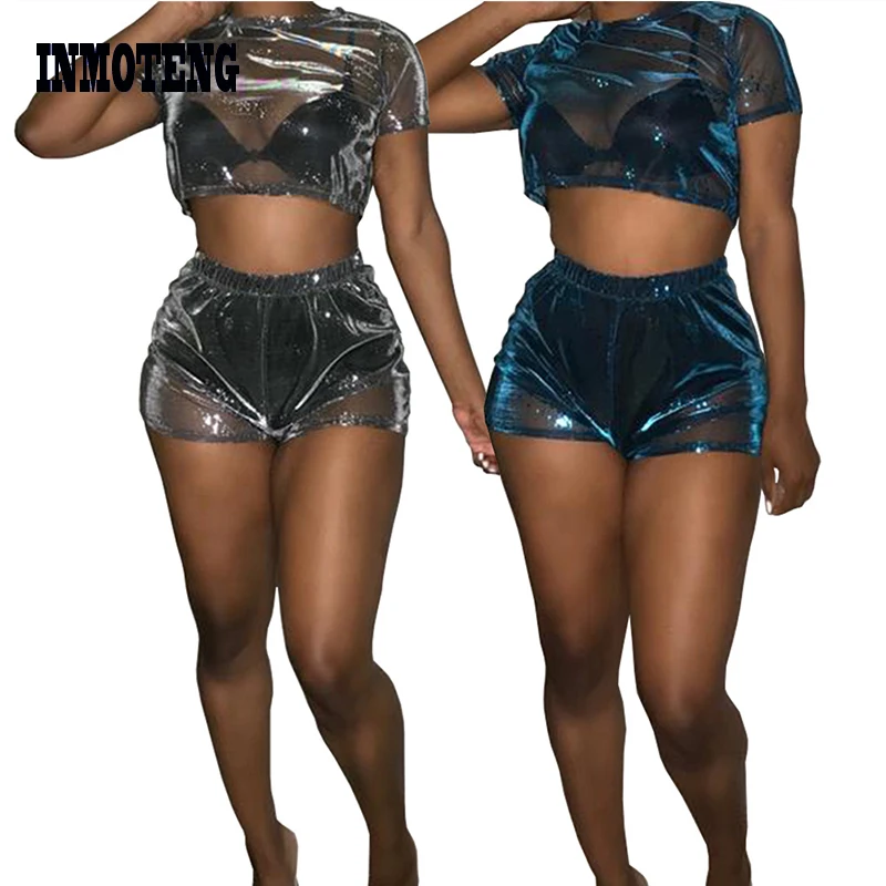 INMOTENG See Through Mesh Sexy 2 Piece Set Summer Short Sleeve Crop Top Matching Pants Women Party Dream Color Outfits XXL |