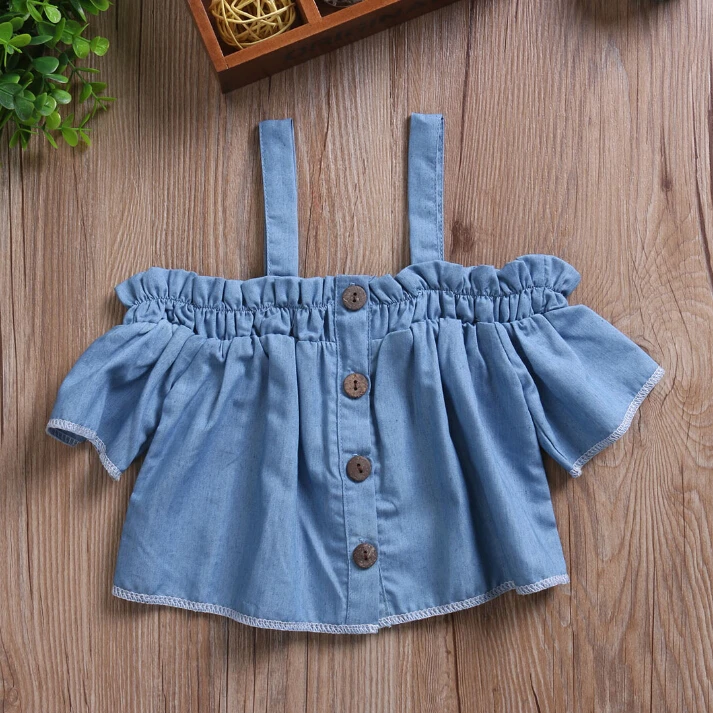 Модная новая детская одежда для маленьких девочек футболка из джинсовой ткани с